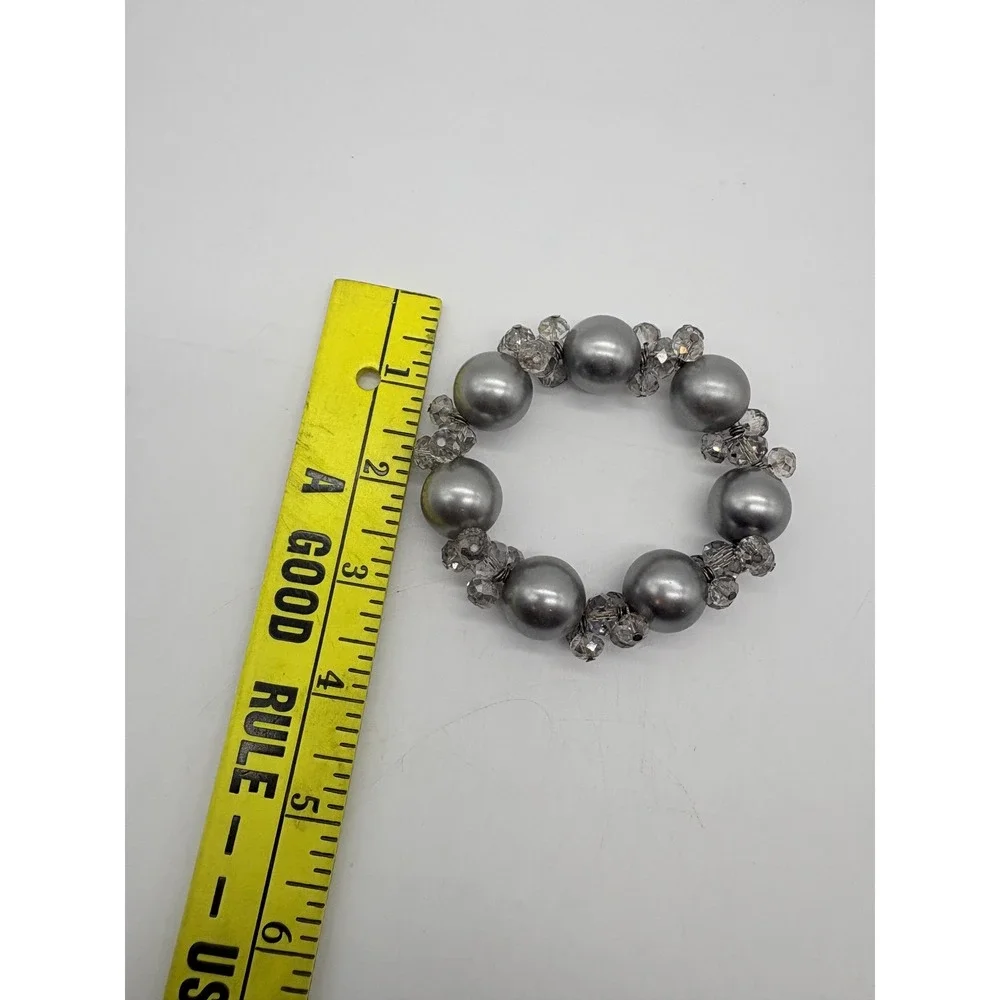 Chunky‎ Silver Faux Pearl and Faceted Crystal Beaded Stretch Statement Bracelet